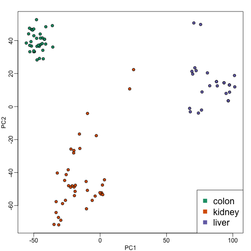 Multi-dimensional scaling (MDS) plot for tissue gene expression data.